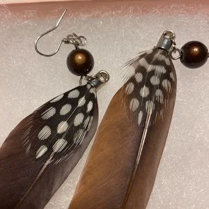 Feather & Bead Fish Hook Earrings NWOT